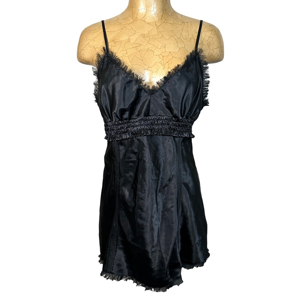 Goth Whimsigoth Witchy Black Satin Lace Trim Chemise Nightgown Slip Dress Medium